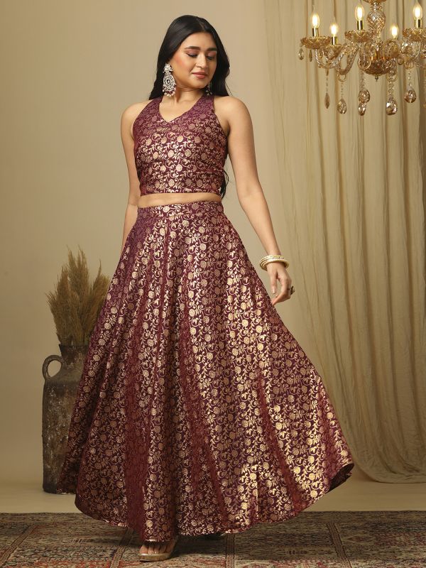 Globus Women Burgundy Brocade Floral Jaal Print Halter Neck Stylised Back Blouse & Flared Lehenga Festive Co-Ords Set