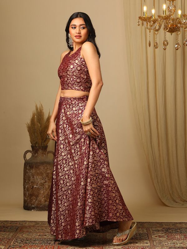 Globus Women Burgundy Brocade Floral Jaal Print Halter Neck Stylised Back Blouse & Flared Lehenga Festive Co-Ords Set