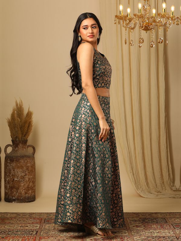 Globus Women Green Brocade Floral Jaal Print Halter Neck Stylised Back Blouse & Flared Lehenga Festive Co-Ords Set