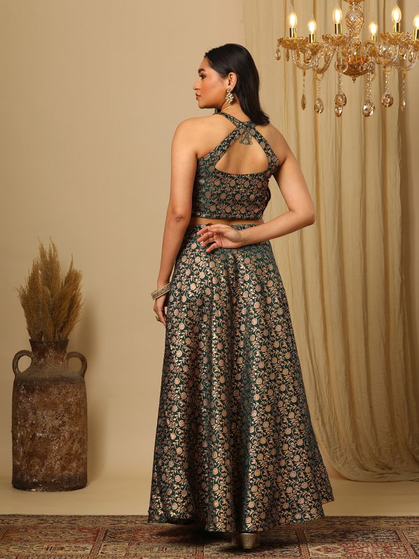 Globus Women Green Brocade Floral Jaal Print Halter Neck Stylised Back Blouse & Flared Lehenga Festive Co-Ords Set