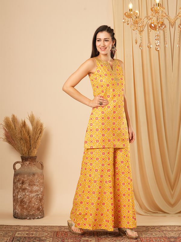 Globus Women Yellow Allover Geometric Print Zari Embroidered Yoke Short Kurti & Matching Flared Palazzo Festive Co-Ord Set