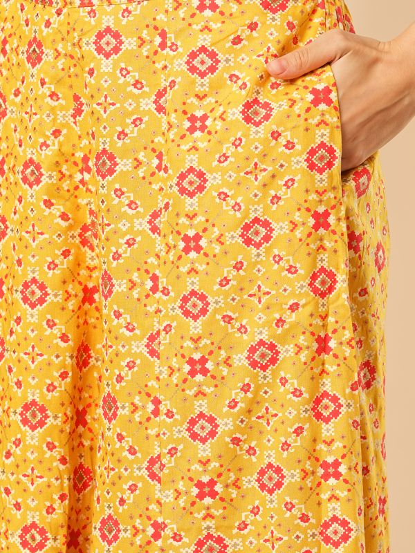 Globus Women Yellow Allover Geometric Print Zari Embroidered Yoke Short Kurti & Matching Flared Palazzo Festive Co-Ord Set