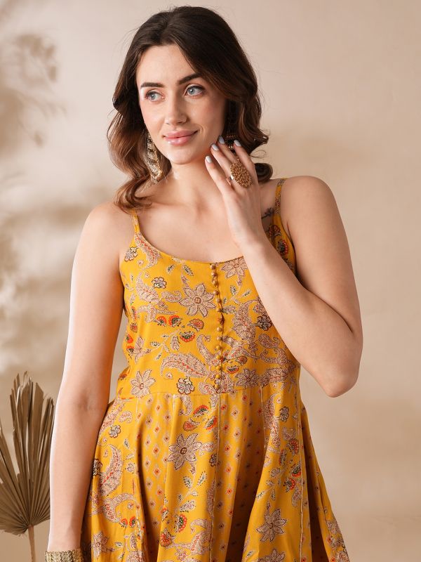 Globus Women Yellow Strappy Shoulder Gold Foil Floral Printed Gotta Lace Tunic & Gharara Fusion Co-Ord Set