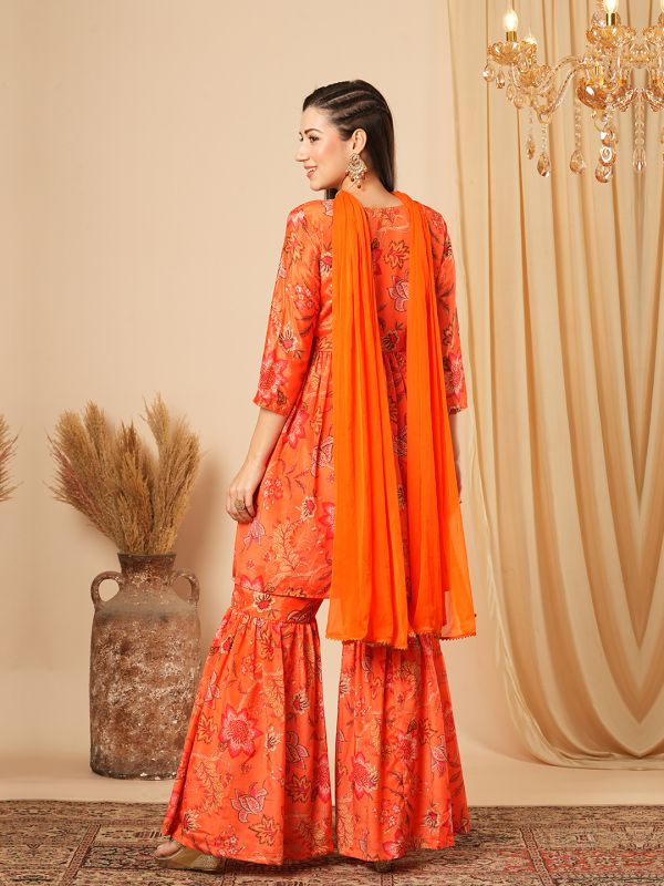 Globus Women Orange Allover Floral Printed Sequinned Yoke Front Slit Tunic With Gharara & Chocker Dupatta Festive Co-Ord Set