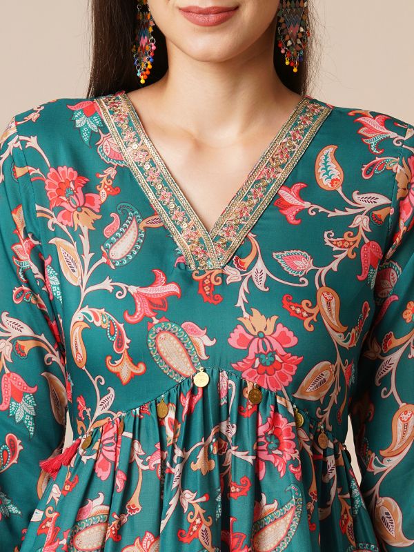 Globus Women Green Floral Embroidered Jaal Print V-Neck With Tassel Detailing A-Line Peplum Tunic & Mid Rise Partially Elasticated Ankle Length Pants Fusion Co-Ord Set