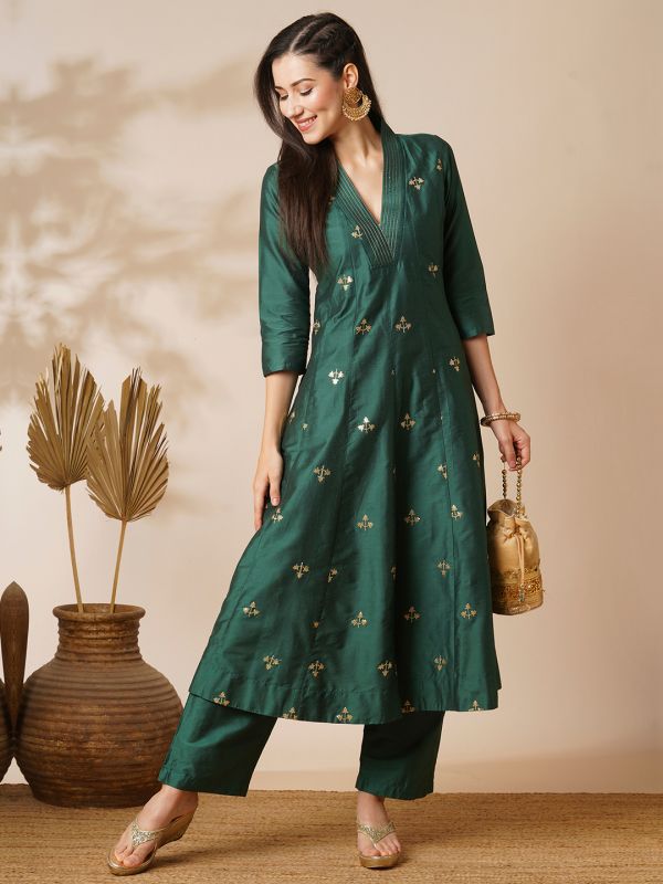 Globus Women Green V-Neck Gold Zari Embroidered Panelled Anarkali Kurta With Elasticated Wide-Leg Pants Festive Set