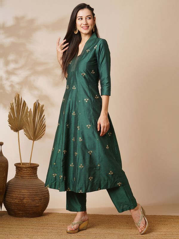 Globus Women Green V-Neck Gold Zari Embroidered Panelled Anarkali Kurta With Elasticated Wide-Leg Pants Festive Set