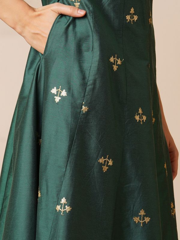 Globus Women Green V-Neck Gold Zari Embroidered Panelled Anarkali Kurta With Elasticated Wide-Leg Pants Festive Set