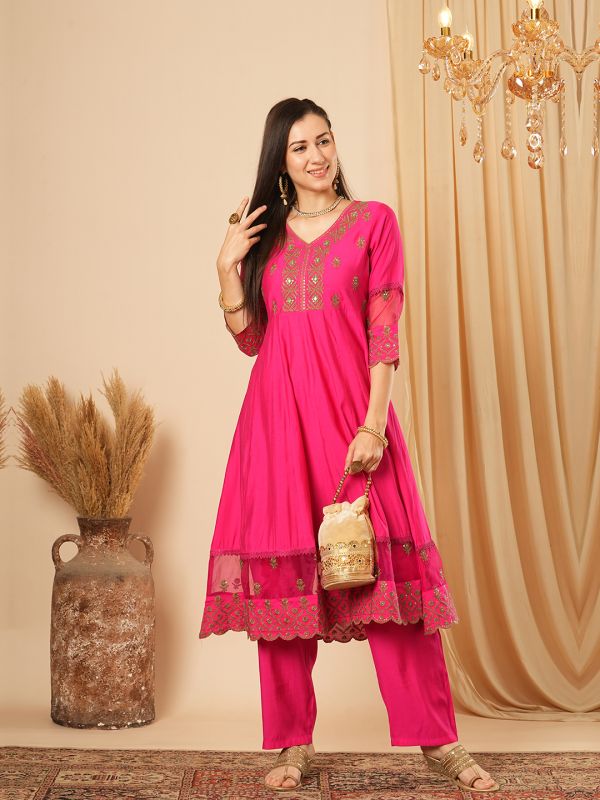 Globus Women Pink Sequinned & Embroidered Yoke Panelled Scalloped Hem Anarkali Kurta With Elasticated Pants Festive Set