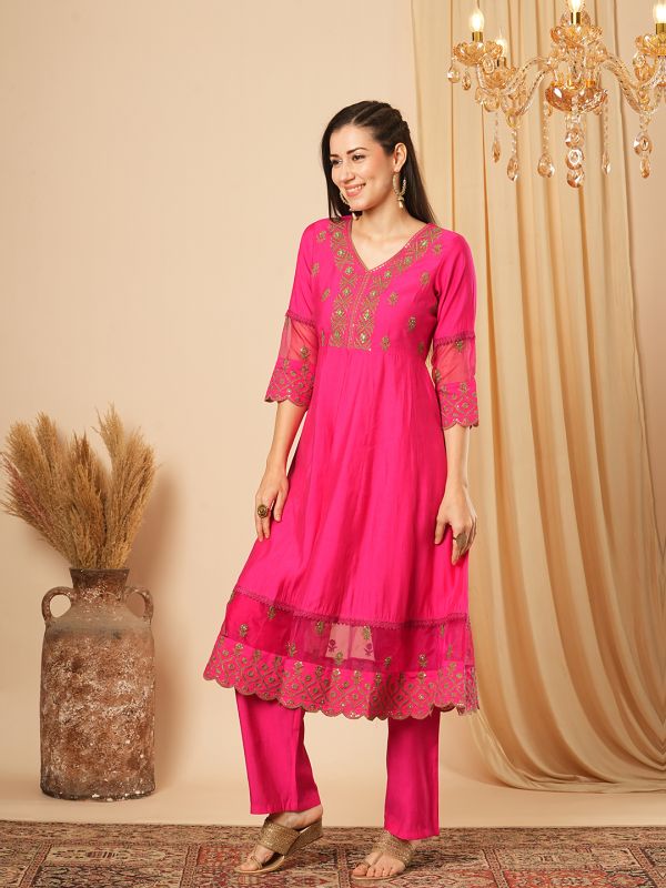 Globus Women Pink Sequinned & Embroidered Yoke Panelled Scalloped Hem Anarkali Kurta With Elasticated Pants Festive Set