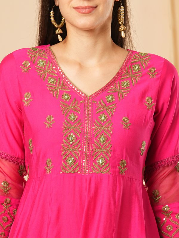 Globus Women Pink Sequinned & Embroidered Yoke Panelled Scalloped Hem Anarkali Kurta With Elasticated Pants Festive Set