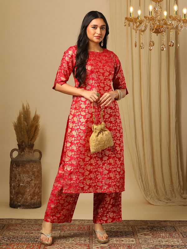 Globus Women Pink Round Neck Elbow Sleeves Brocade Floral Jaal Print Straight Kurta & Elasticated Pants Festive Set