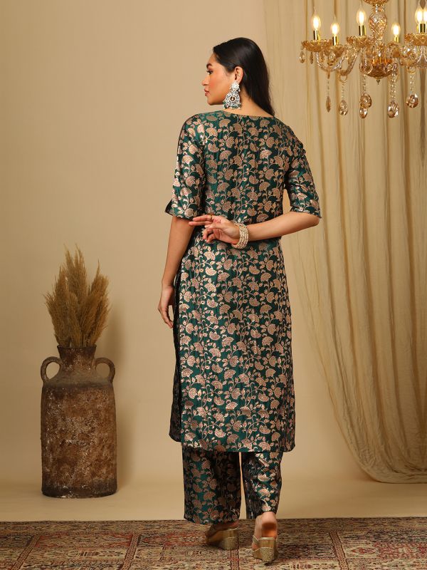 Globus Women Green Round Neck Elbow Sleeves Brocade Floral Jaal Print Straight Kurta & Elasticated Pants Festive Set