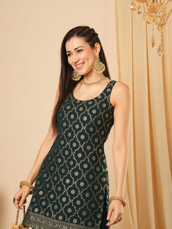 Globus Women Teal Gold Foil Ethnic Motif Round Neck Short Kurti & Partially Elasticated Flared Palazzo Festive Co-Ord Set