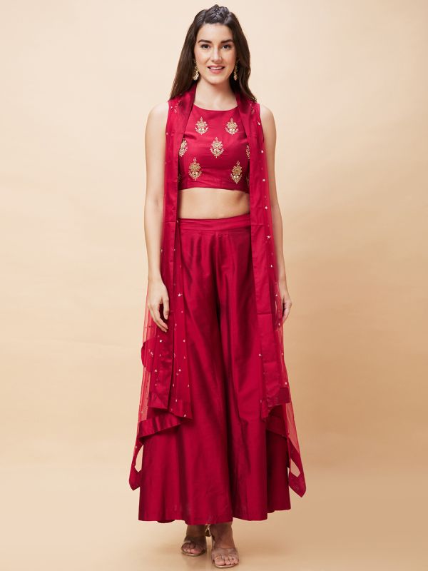Globus Women Pink Festive Co-Ord Set with Embroidered Crop Top, Solid Palazzo and Sequinned Shrug