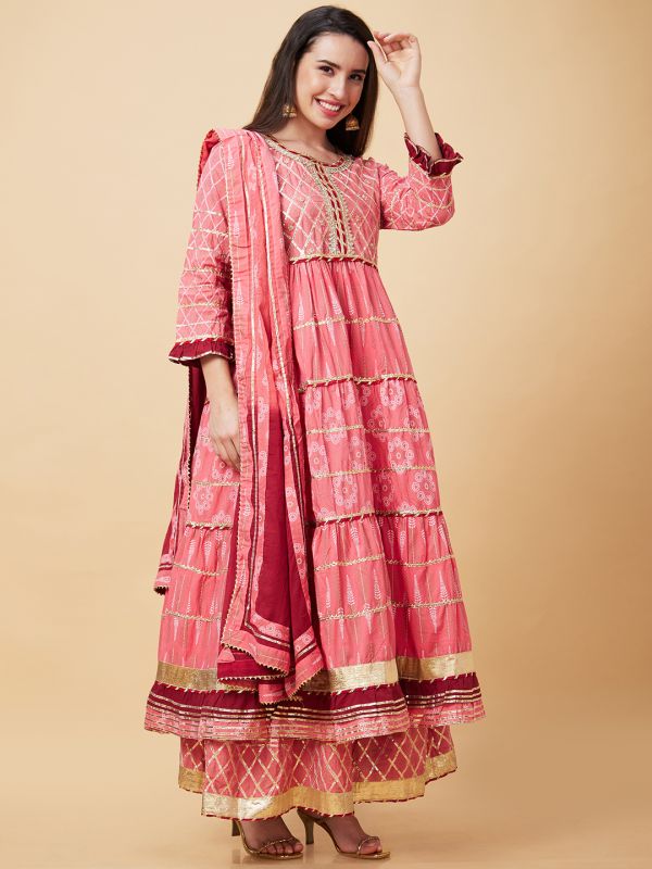 Globus Women Pink Gotta Patti & Allover Printed Pleated Tiered Anarkali Kurta With Sharara & Dupatta