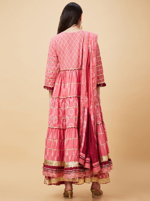 Globus Women Pink Gotta Patti & Allover Printed Pleated Tiered Anarkali Kurta With Sharara & Dupatta