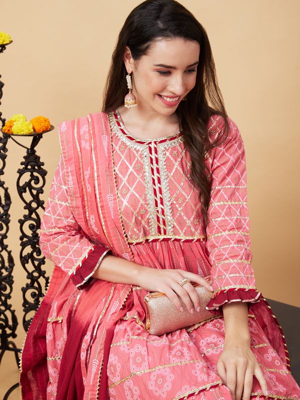 Globus Women Pink Gotta Patti & Allover Printed Pleated Tiered Anarkali Kurta With Sharara & Dupatta