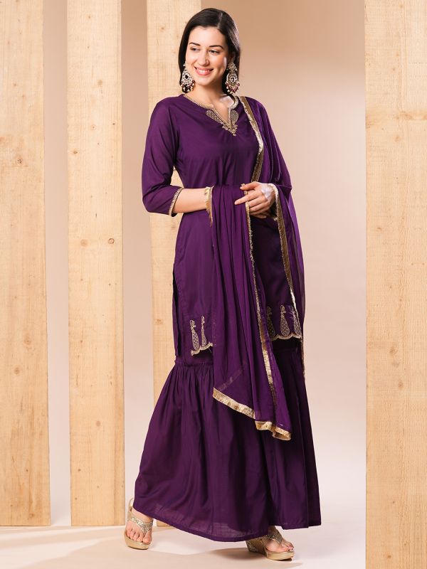 Globus Women Purple Embroidered Neckline Straight Kurti With Sharara Pants & Fringed Dupatta