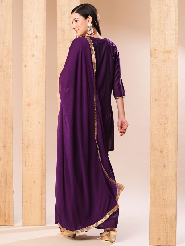 Globus Women Purple Embroidered Neckline Straight Kurti With Sharara Pants & Fringed Dupatta