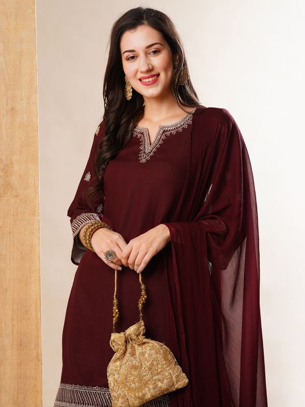 Globus Women Maroon Embroidered Neckline Straight Festive Kurta Set With Palazzos & Dupatta