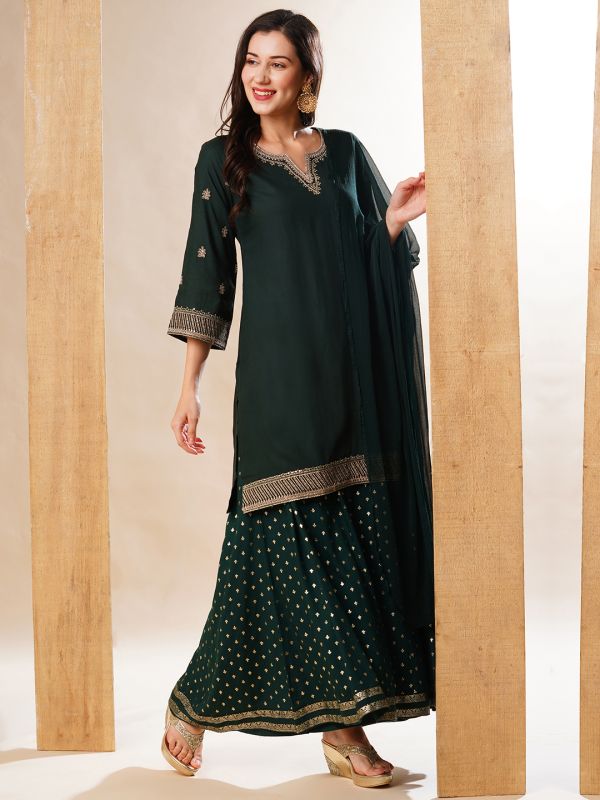 Globus Women Green Embroidered Neckline Straight Festive Kurta Set With Palazzos & Dupatta