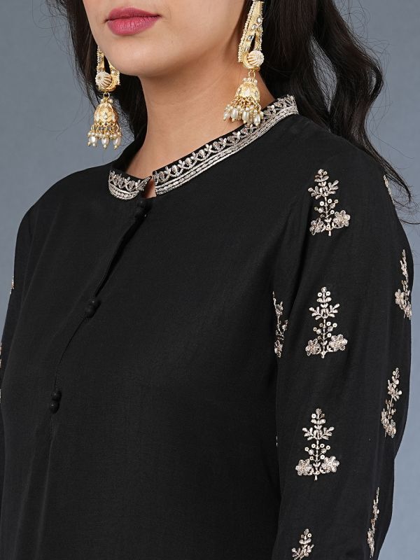 Globus Women Black Embroidered Sleeves Straight Workwear Kurta With Pants & Sequinned Dupatta Set