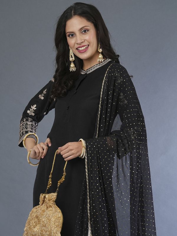 Globus Women Black Embroidered Sleeves Straight Workwear Kurta With Pants & Sequinned Dupatta Set