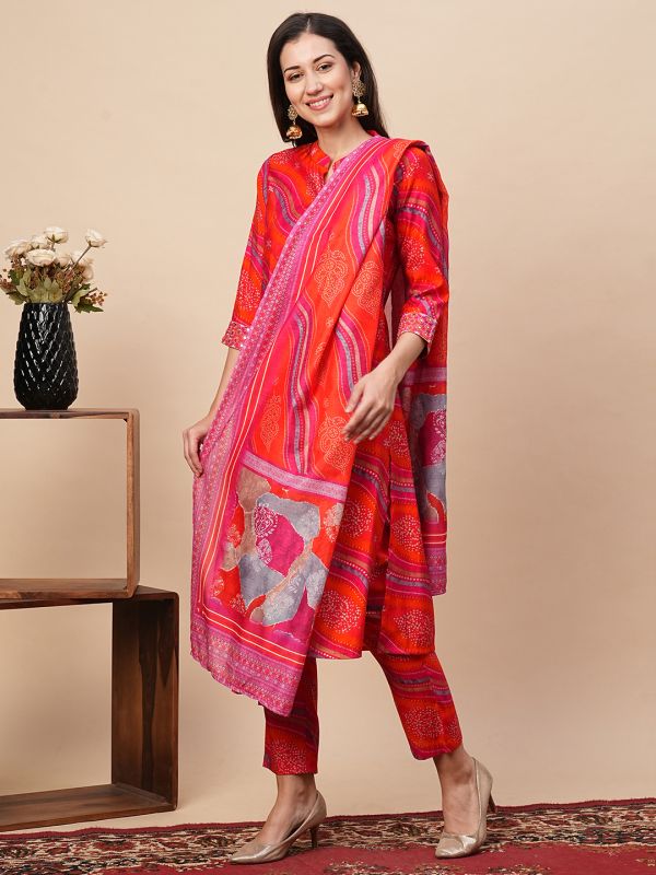 Globus Women Orange Leheriya Print Panelled Kurta With Narrow Pants & Dupatta