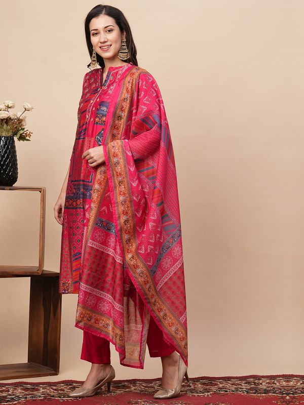 Globus Women Pink Mandarin Collar Allover Printed Kurta With Narrow Pants & Dupatta