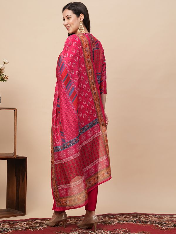 Globus Women Pink Mandarin Collar Allover Printed Kurta With Narrow Pants & Dupatta