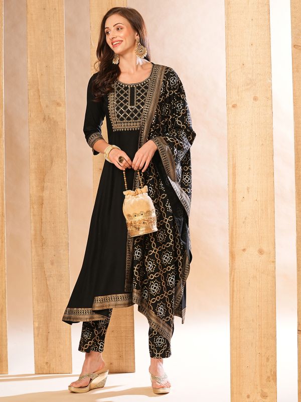 Globus Women Black Embroidered Yoke A-Line Kurta With Printed Pants & Dupatta