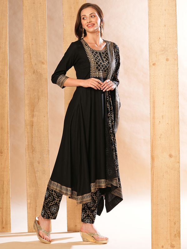 Globus Women Black Embroidered Yoke A-Line Kurta With Printed Pants & Dupatta