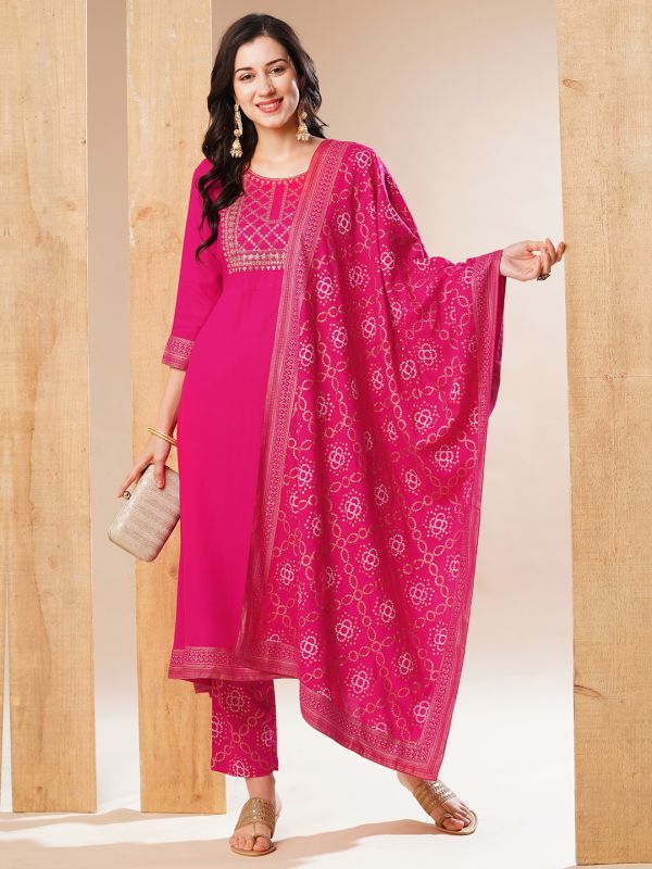 Globus Women Pink Embroidered Yoke A-Line Festive Kurta With Dupatta & Pant Set