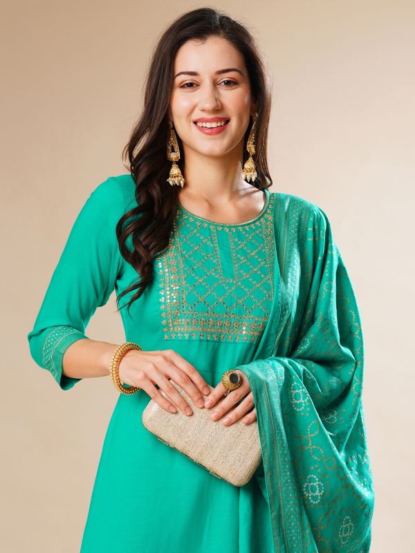 Globus Women Green Embroidered Yoke A-Line Festive Kurta With Dupatta & Pant Set