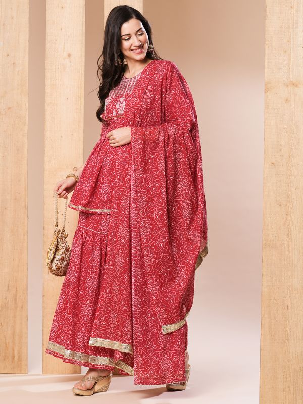 Globus Women Pink Embroidered Yoke Allover Printed A-Line Kurti With Sharara Pants & Dupatta