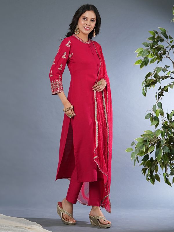 Globus Women Pink Embroidered Sleeves Straight Workwear Kurta With Pants & Sequinned Dupatta Set