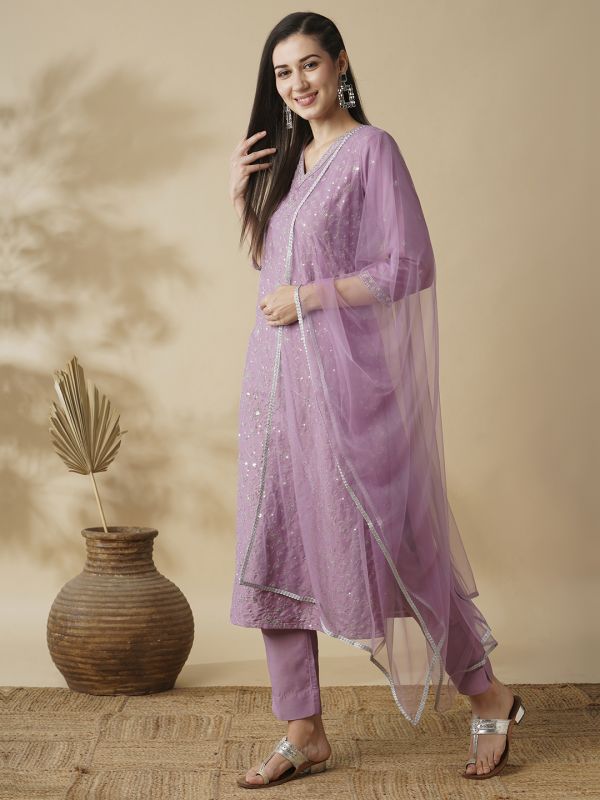 Globus Women Lavender Embroidered Sequinned Calf Length A-Line Kurta, Trousers & Tassel Dupatta Set