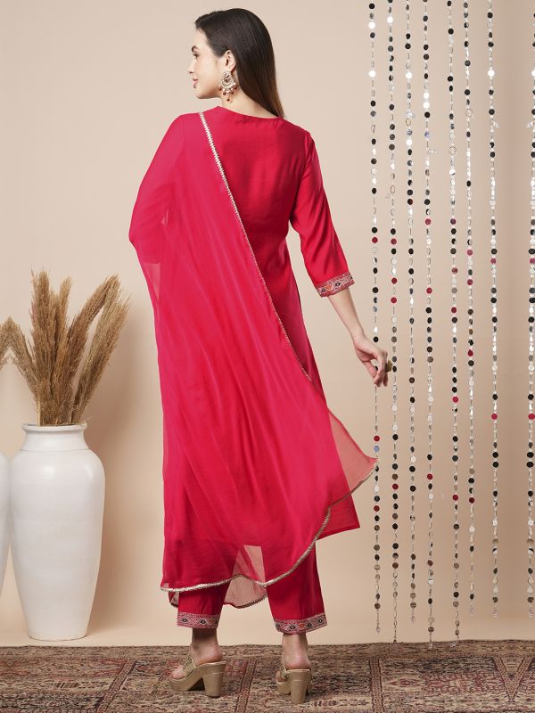 Globus Women Red Sequinned & Floral Embroidered Yoke Straight Festive Kurta With Pants & Dupatta