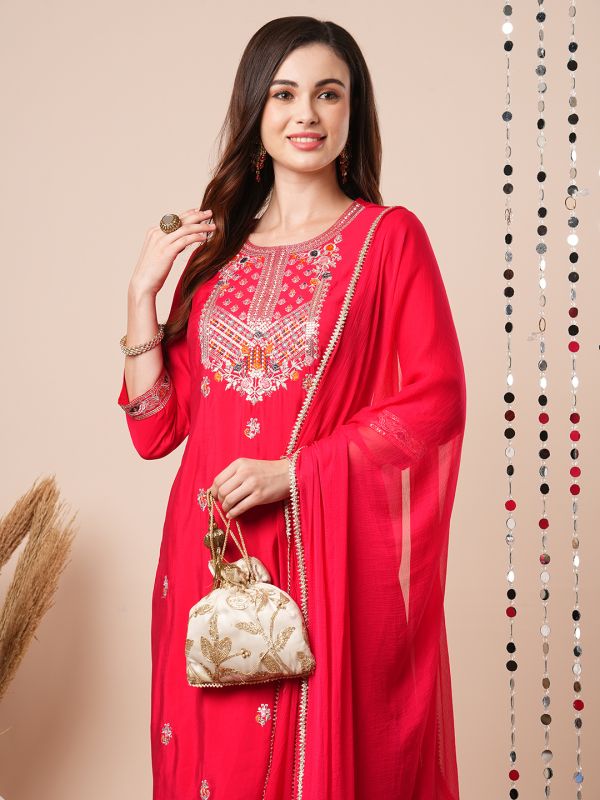 Globus Women Red Sequinned & Floral Embroidered Yoke Straight Festive Kurta With Pants & Dupatta