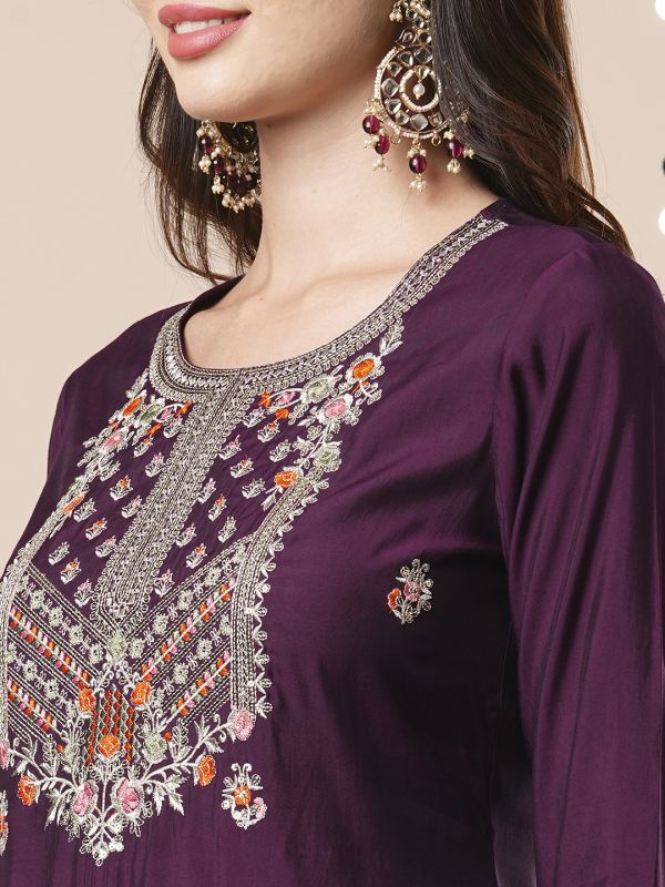 Globus Women Purple Sequinned & Floral Embroidered Yoke Straight Festive Kurta With Pants & Dupatta