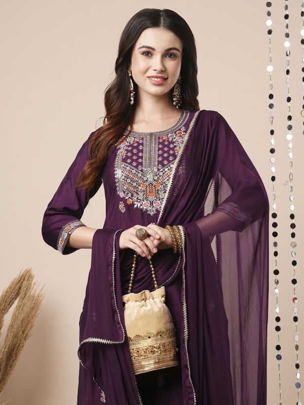 Globus Women Purple Sequinned & Floral Embroidered Yoke Straight Festive Kurta With Pants & Dupatta