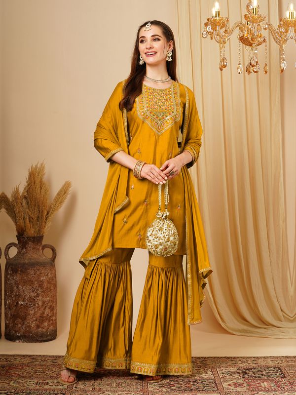 Globus Women Mustard Round Neck Sequinned Embroidered Yoke Straight Kurta With Gharara & Lace Dupatta Festive Set