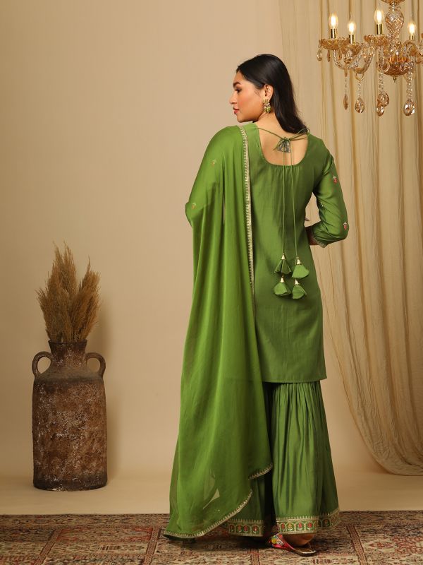 Globus Women Green Floral Embroidered Yoke Straight Kurta, Gharara & Gold Lace Detail Dupatta Festive Set