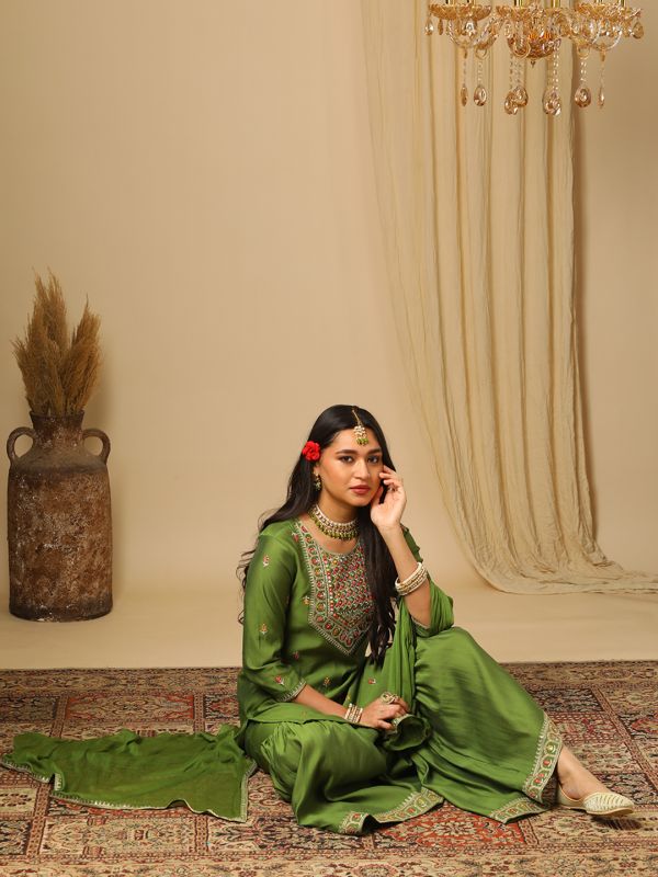 Globus Women Green Floral Embroidered Yoke Straight Kurta, Gharara & Gold Lace Detail Dupatta Festive Set