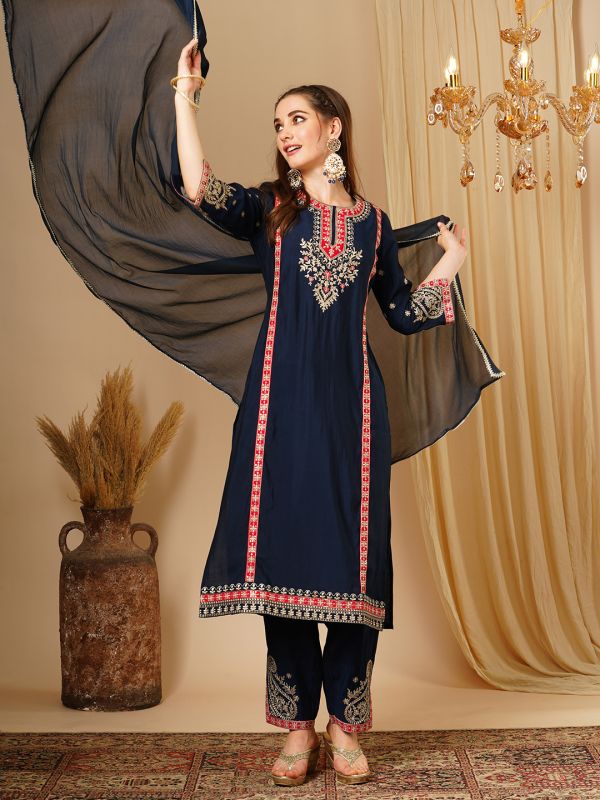 Globus Women Navy Blue Embroidered & Gotta Lace Yoke Straight Paisley Print Hem Kurta, Trousers & Dupatta Festive Set