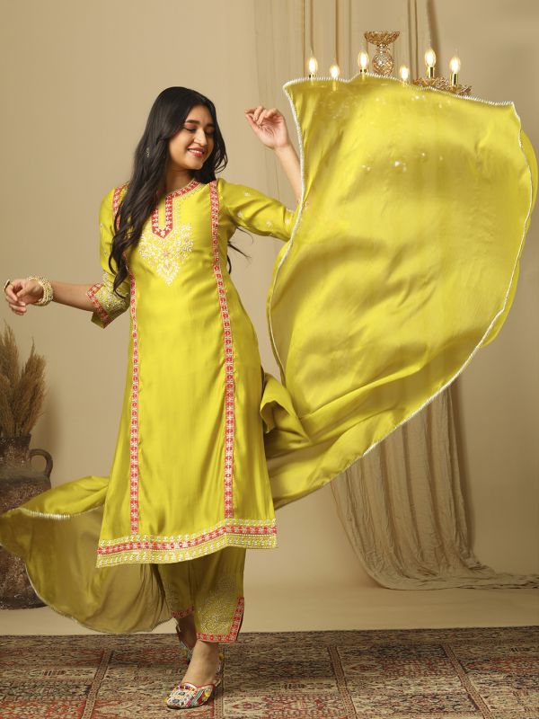 Globus Women Lime Green Zari Embroidered Yoke Panelled Straight Kurta, Pants & Lace Detail Dupatta Festive Set