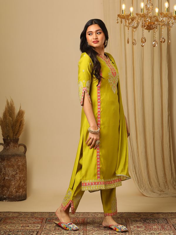 Globus Women Lime Green Zari Embroidered Yoke Panelled Straight Kurta, Pants & Lace Detail Dupatta Festive Set