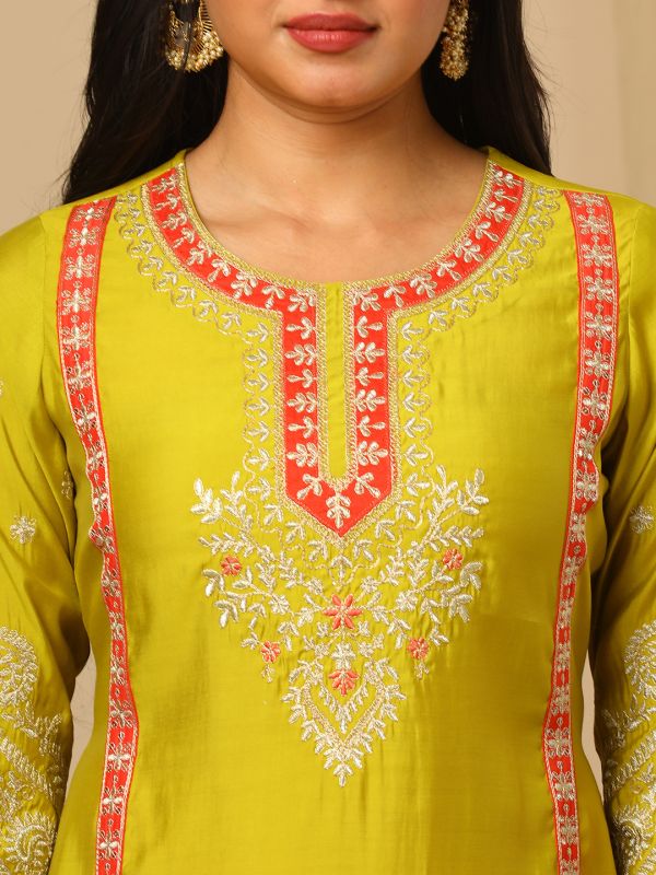 Globus Women Lime Green Zari Embroidered Yoke Panelled Straight Kurta, Pants & Lace Detail Dupatta Festive Set