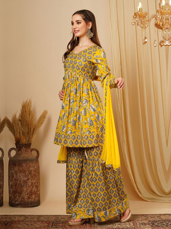 Globus Women Mustard Allover Floral Print Alia Cut Knee Length Kurta With Sharara & Dupatta Festive Wear Set